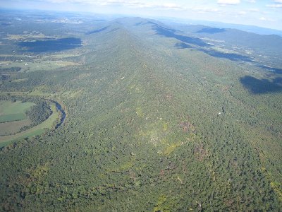 The view north, just after launch. Light yellows and dim reds/browns in the trees below.
